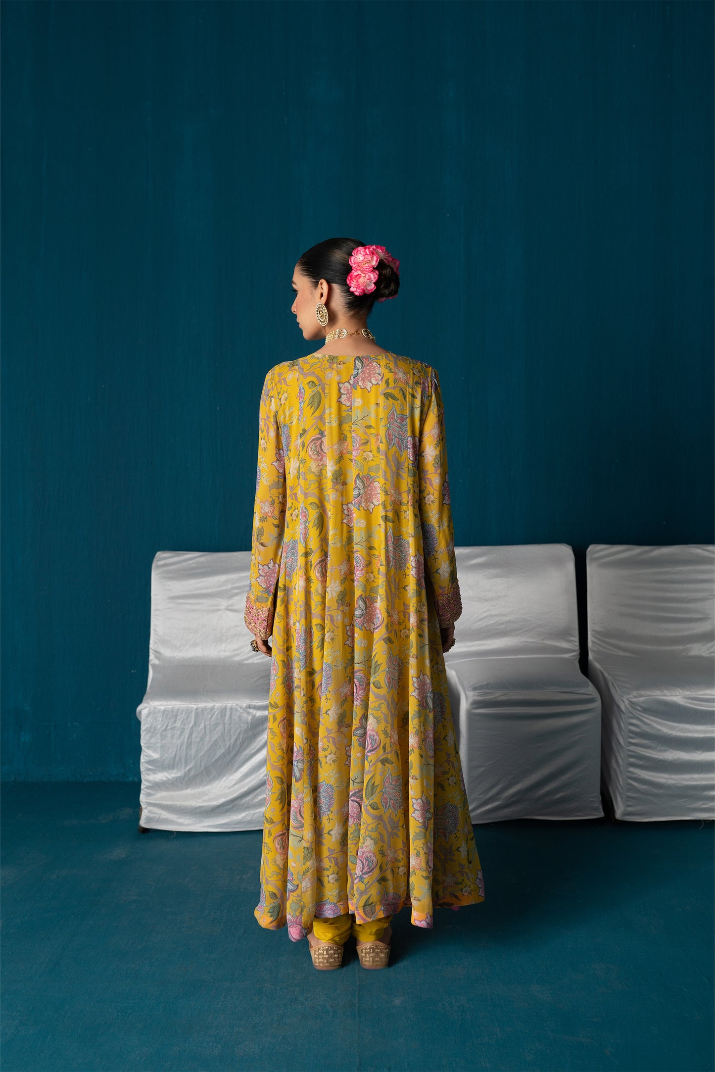 Nayaab- Printed Kalidar Anarkali with Dupatta - Yellow