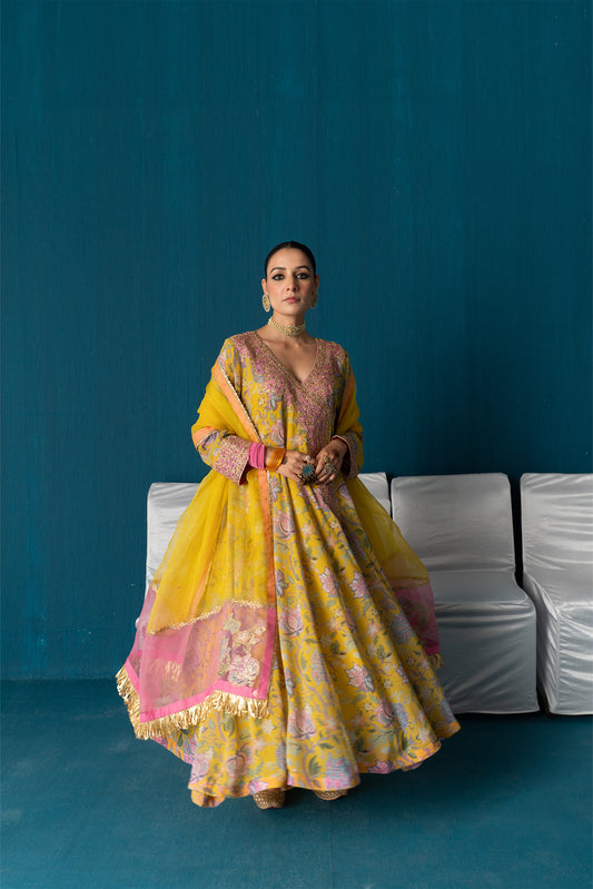 Nayaab- Printed Kalidar Anarkali with Dupatta - Yellow