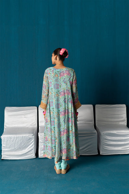 Nayaab-  Printed Kalidar Anarkali with Dupatta - Light Blue