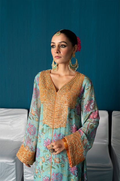 Aafreen- Asymmetrical Printed Suit Set with Dupatta - Light Blue