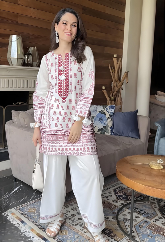 Cross Stitch Lawn Kurta Set - White & Maroon