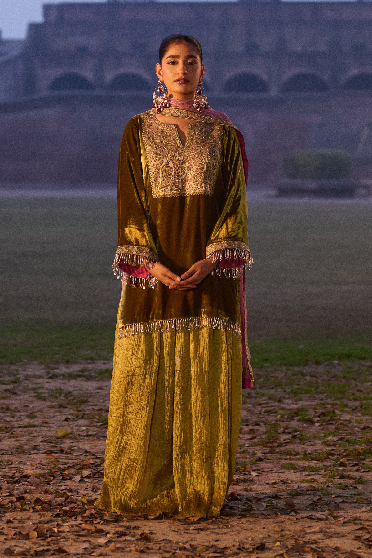 OLIVE GREEN SHARARA SET