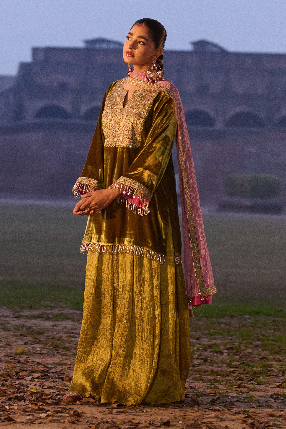 OLIVE GREEN SHARARA SET