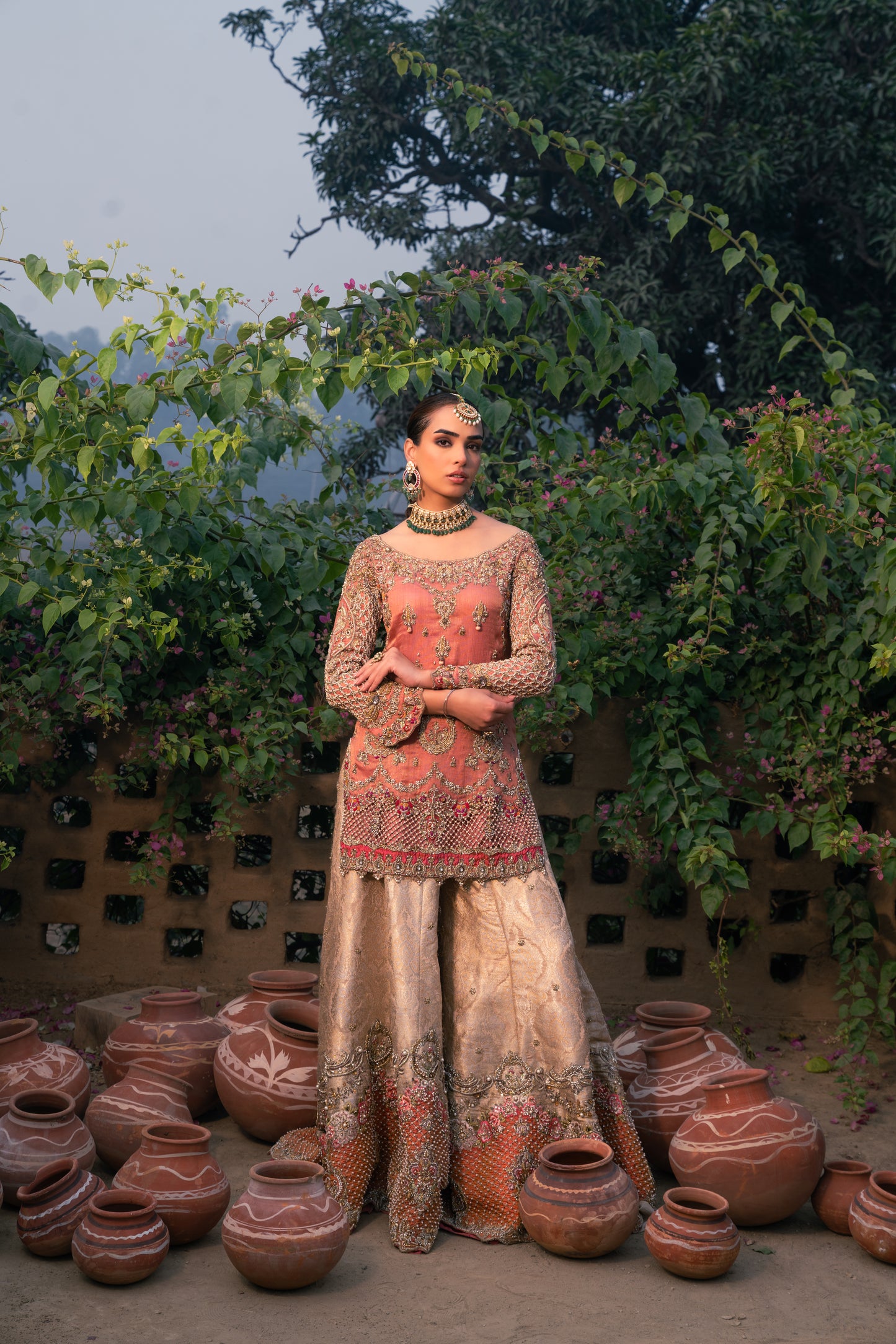 Sohni - Peach Kurti Sharara with Trail