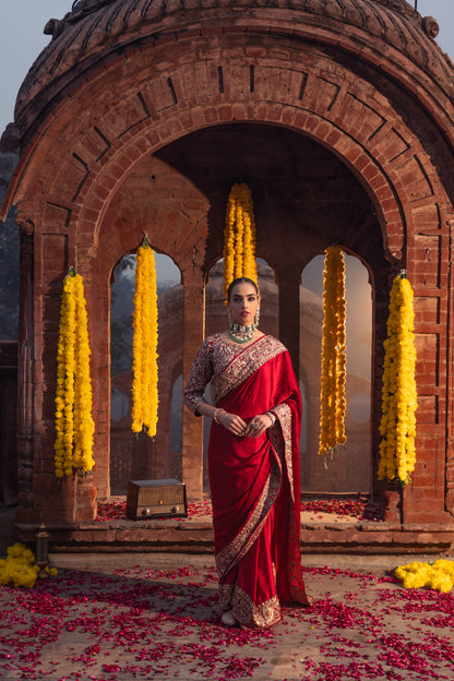 Sohni - Red Satin Aari Embroidered Saree