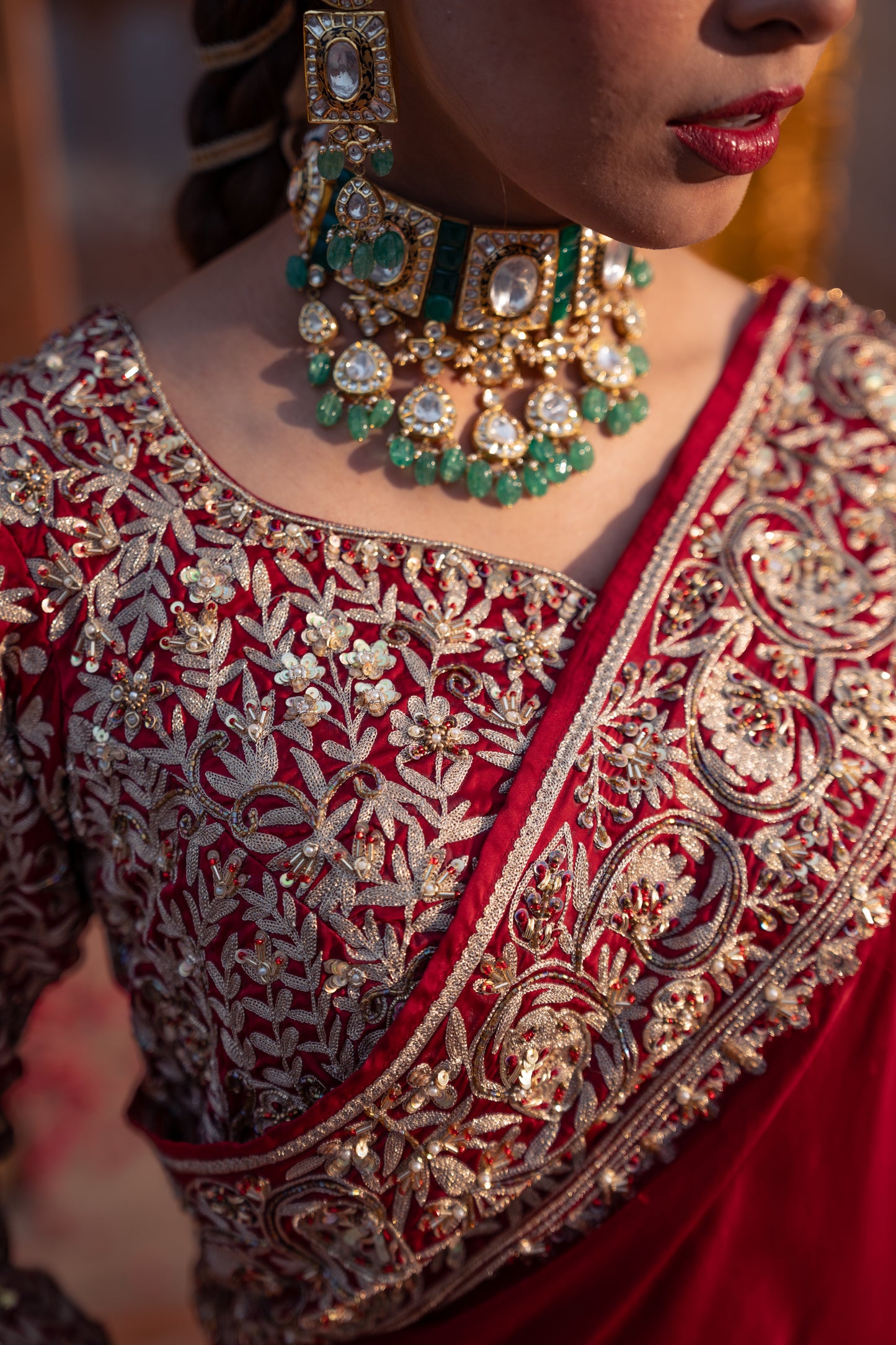 Sohni - Red Satin Aari Embroidered Saree