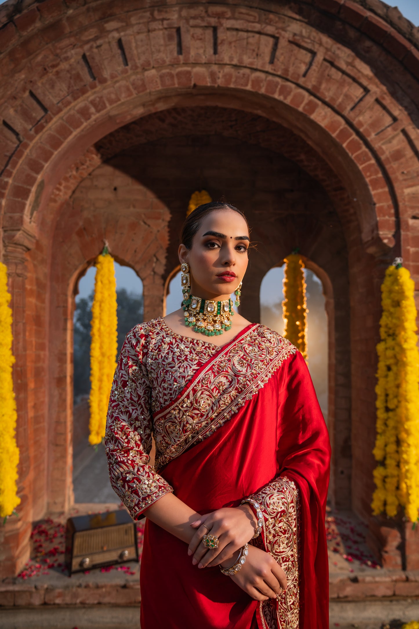 Sohni - Red Satin Aari Embroidered Saree