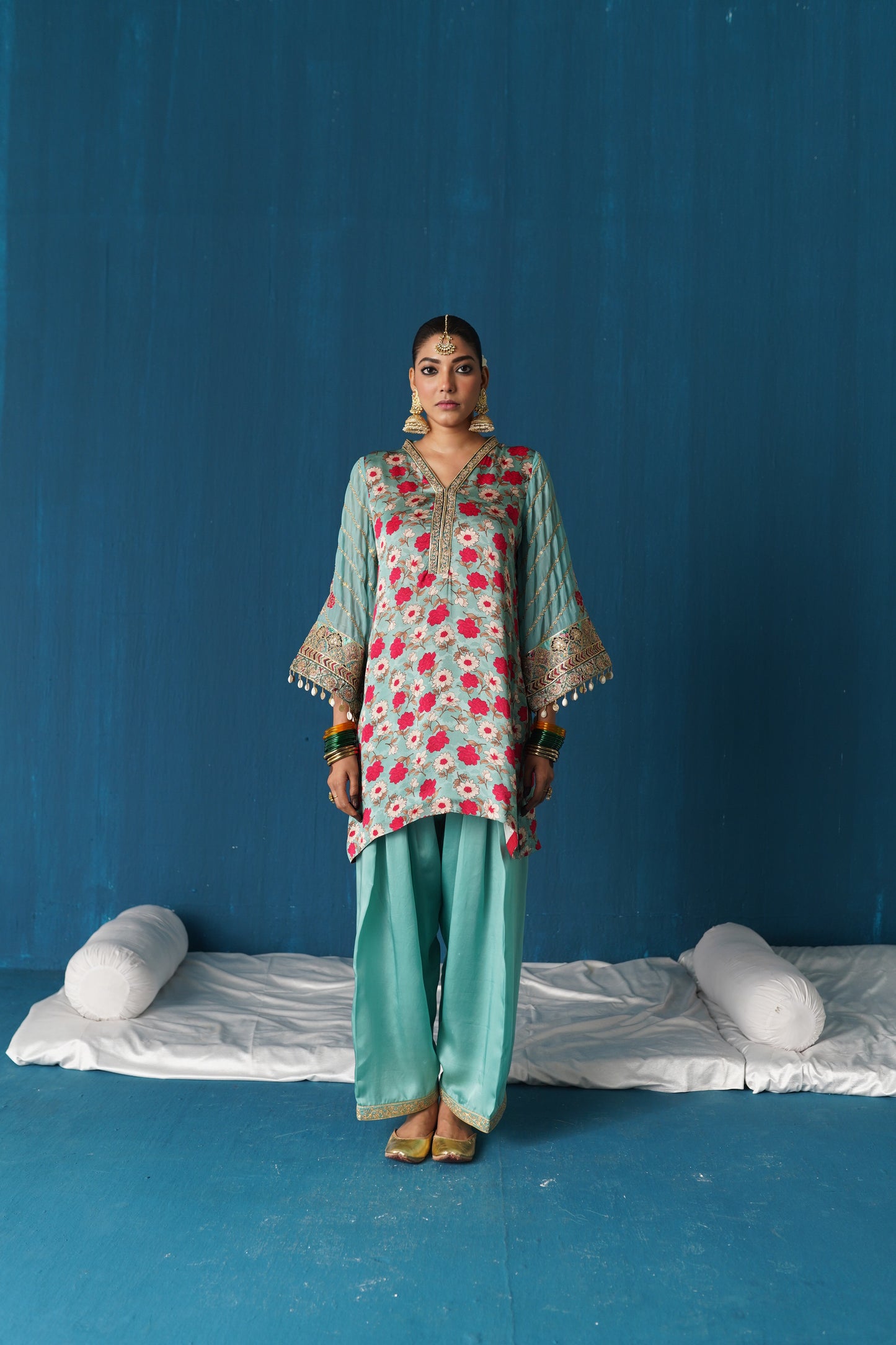 Iqra- Printed Satin Kurta Set - Blue