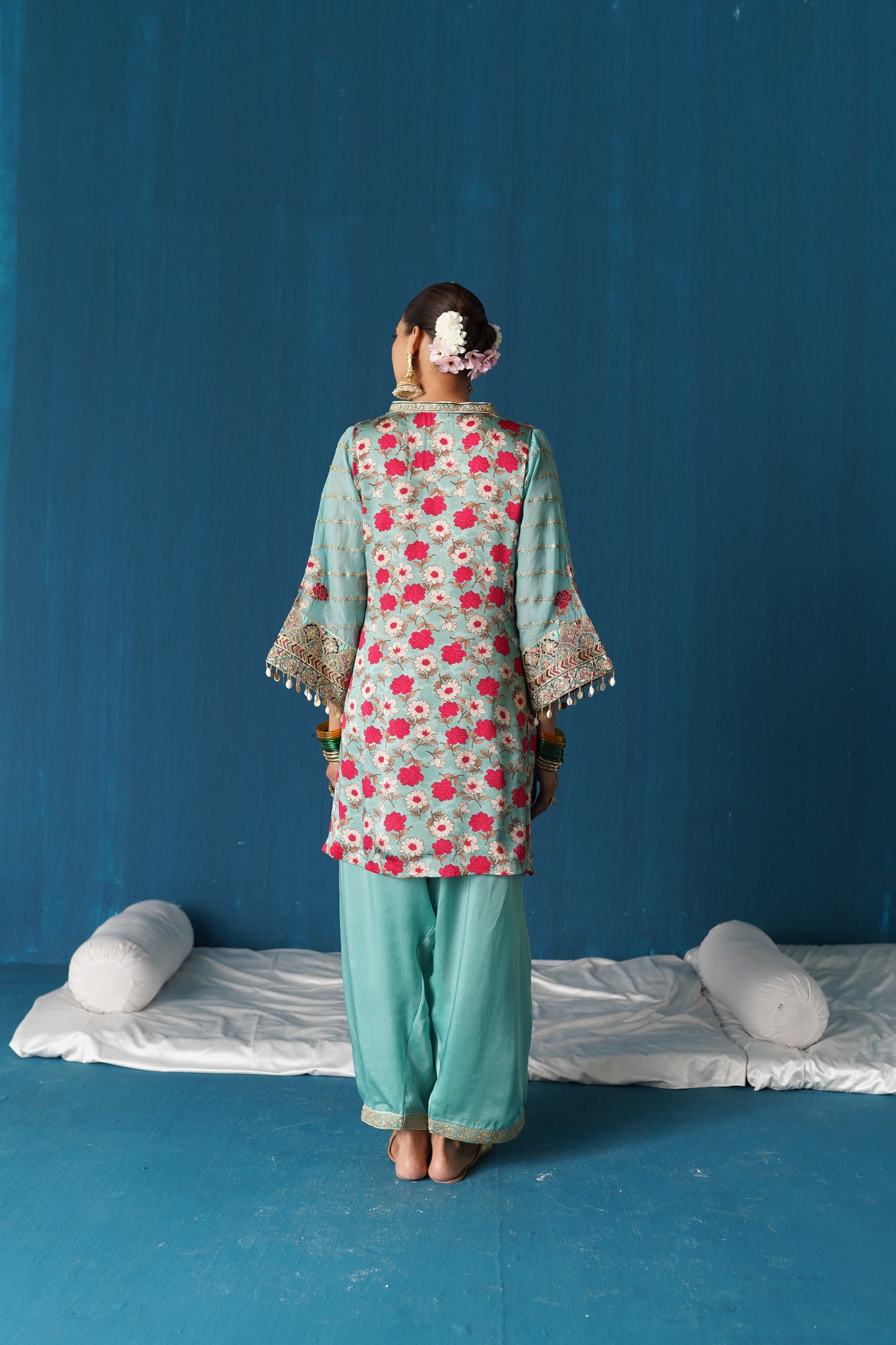 Iqra- Printed Satin Kurta Set - Blue