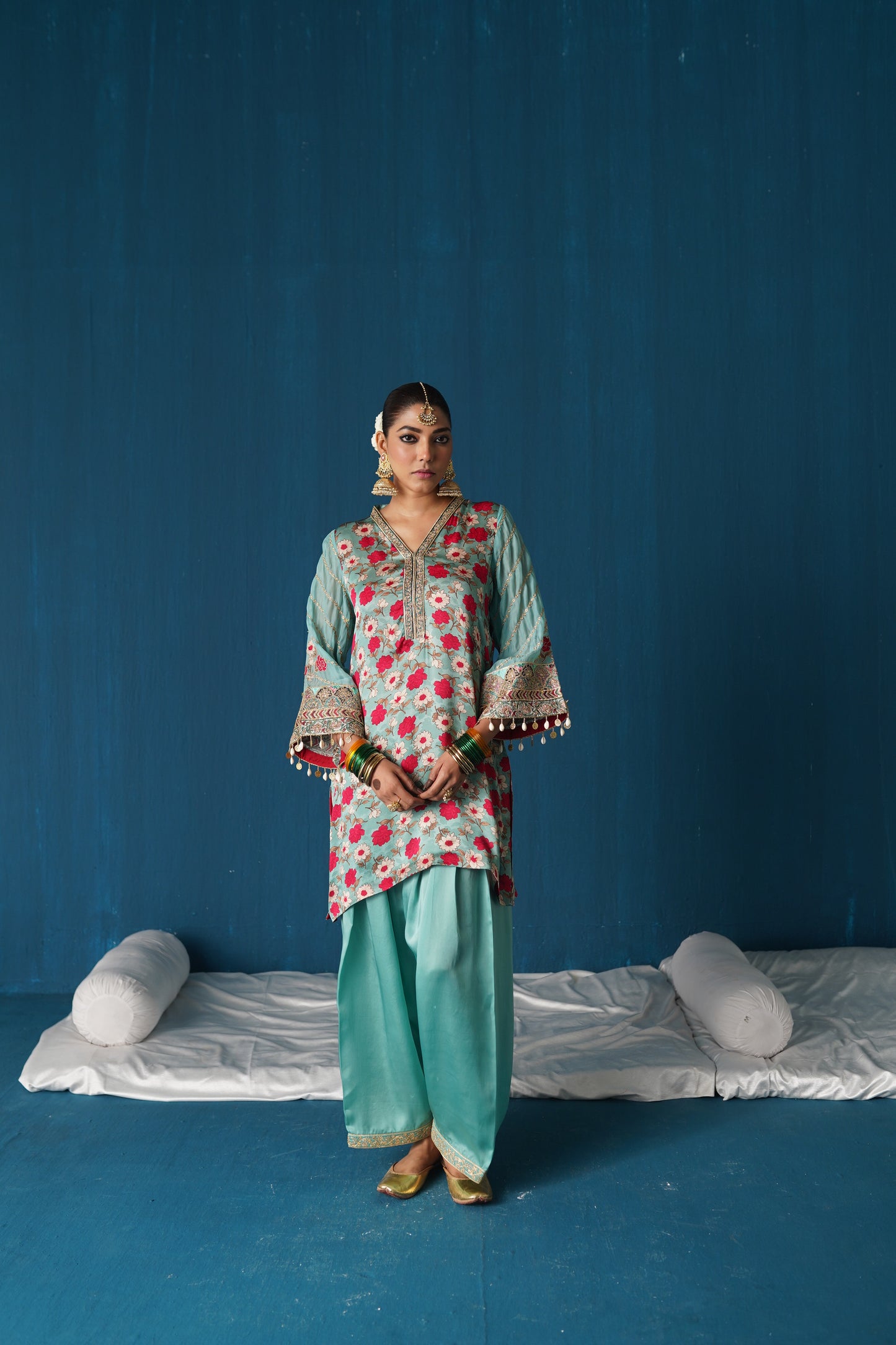 Iqra- Printed Satin Kurta Set - Blue