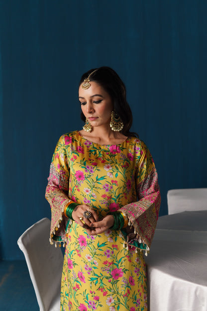 Zaarah- Satin Embroidered Kurta Set - Yellow