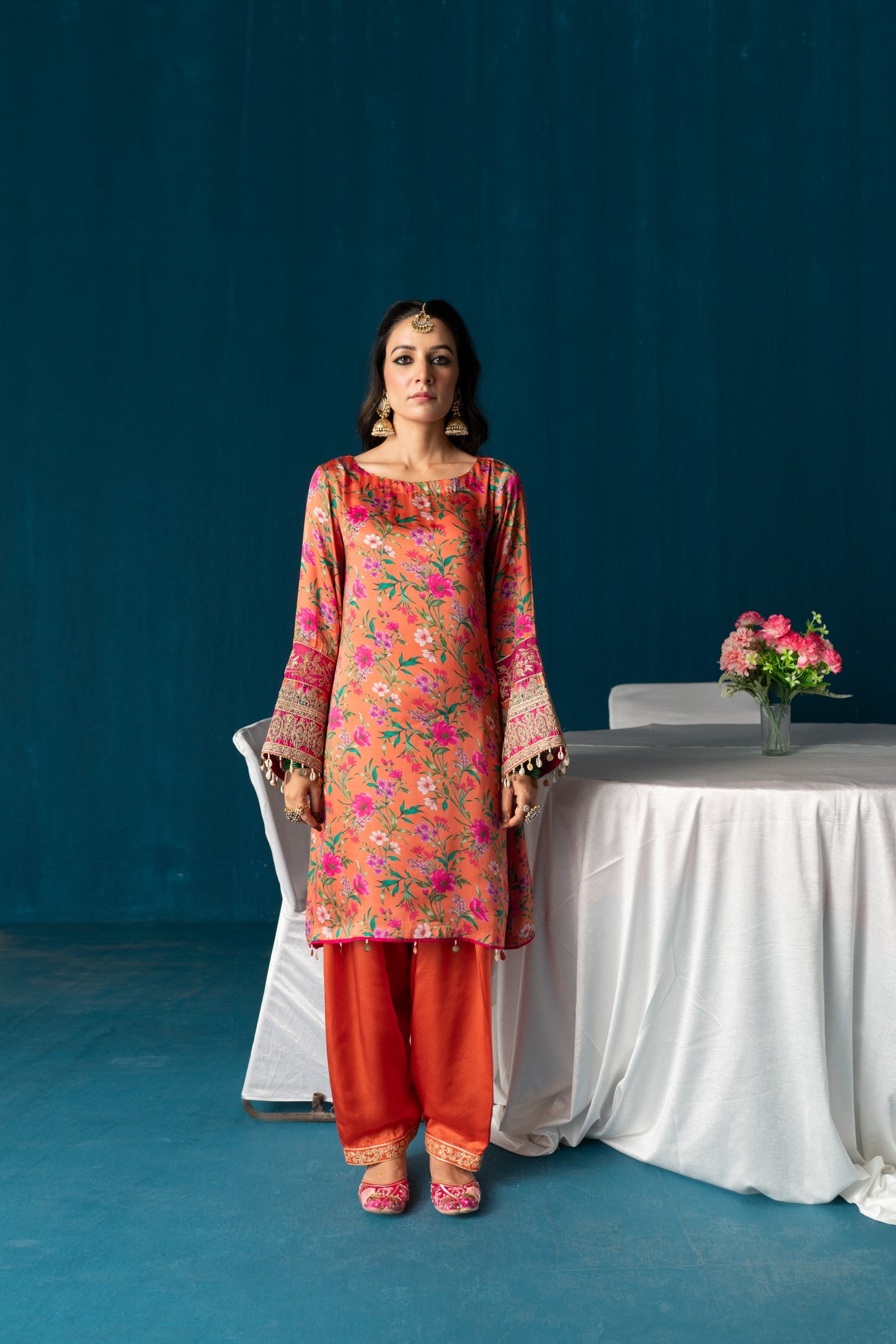 Zaarah- Satin Embroidered Kurta Set - Rust