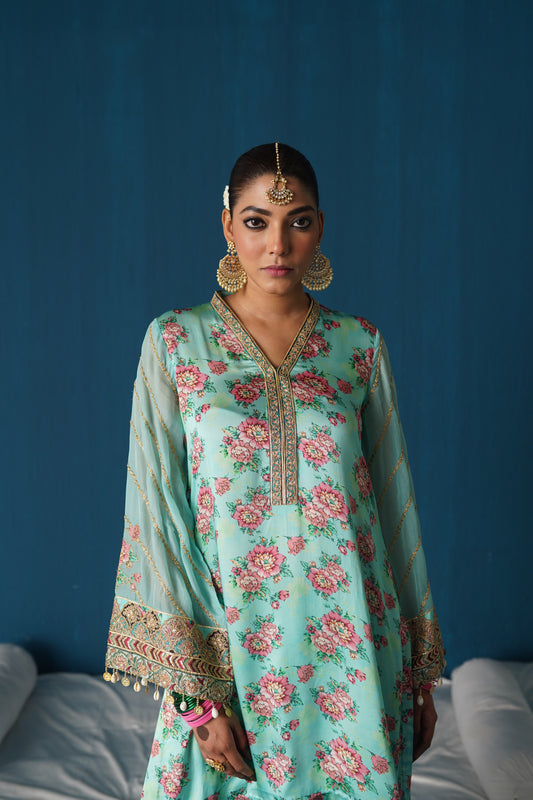 Iqra- Printed Satin Kurta Set - Aqua Blue