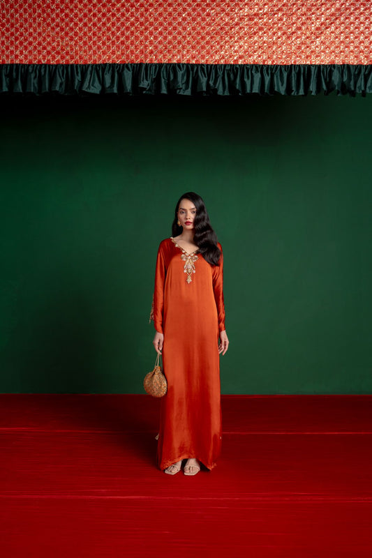 Orange Hand Embroidered Kaftan