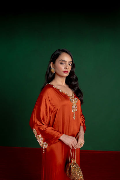Orange Hand Embroidered Kaftan