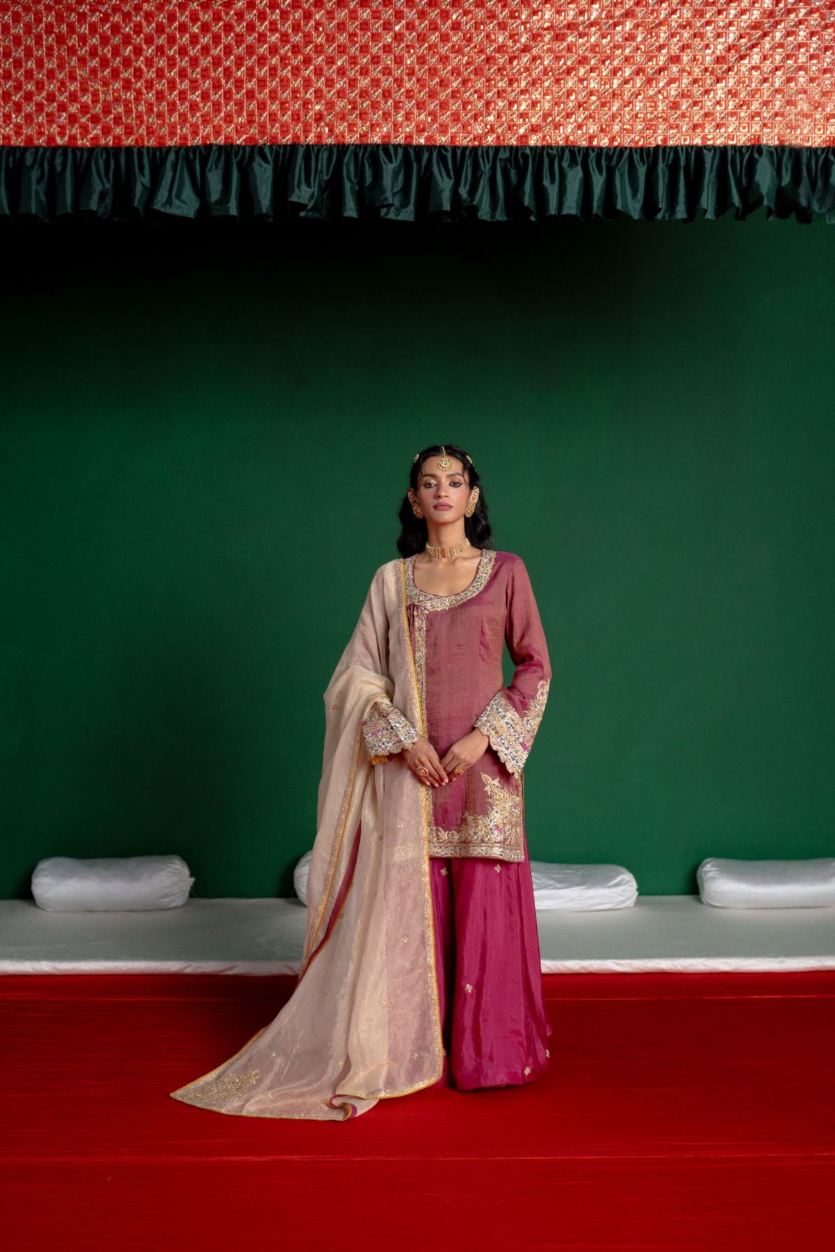 Wine Angrakha Sharara Set