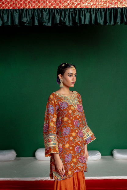 Rust Printed Sharara Set