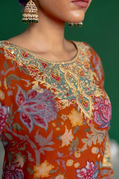 Rust Printed Sharara Set