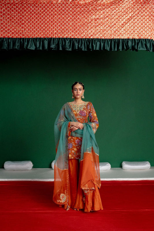 Rust Printed Sharara Set