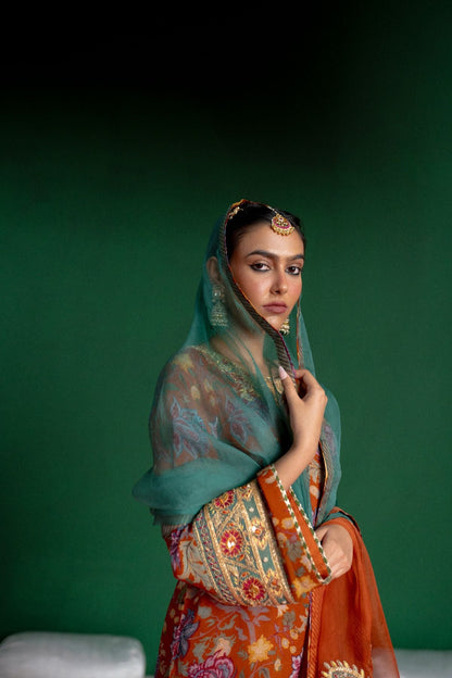 Rust Printed Sharara Set