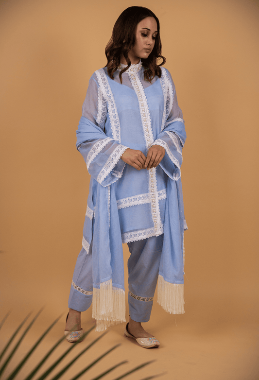 Cotton Net Pearl Jacket Suit - Powder Blue