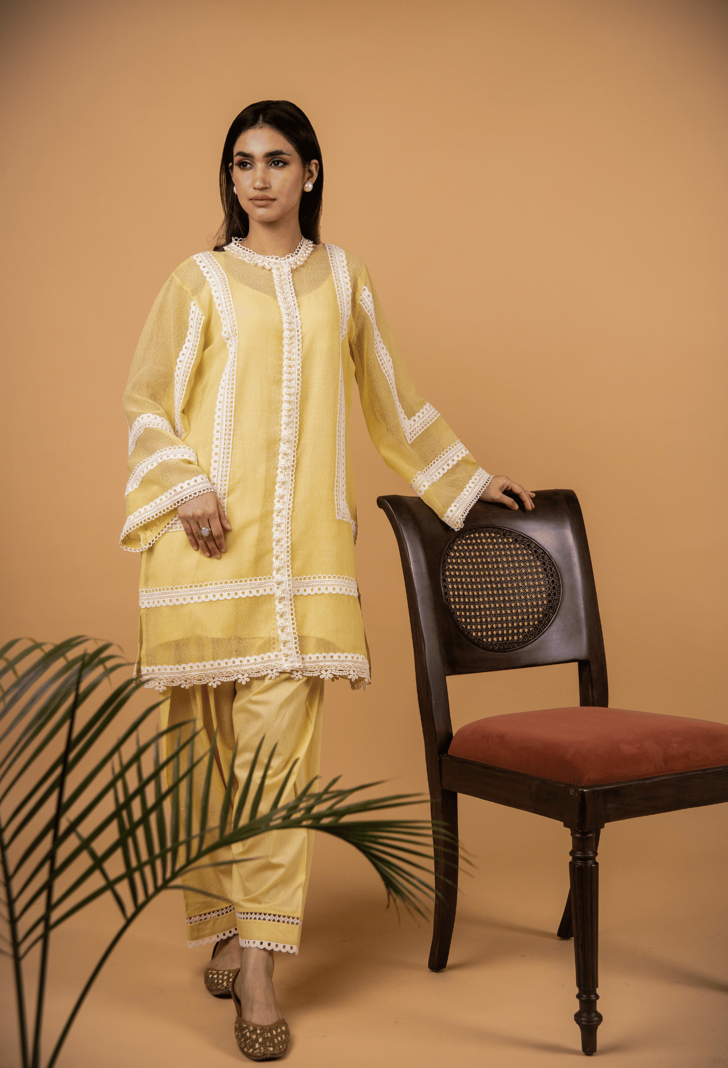 Cotton Net Pearl Jacket Suit - Yellow