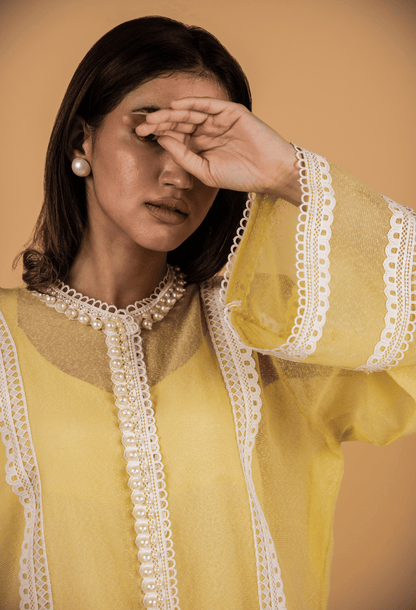 Cotton Net Pearl Jacket Suit - Yellow