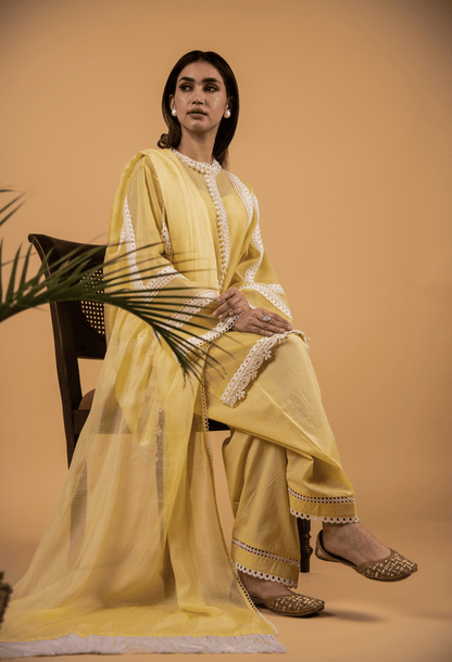 Cotton Net Pearl Jacket Suit - Yellow