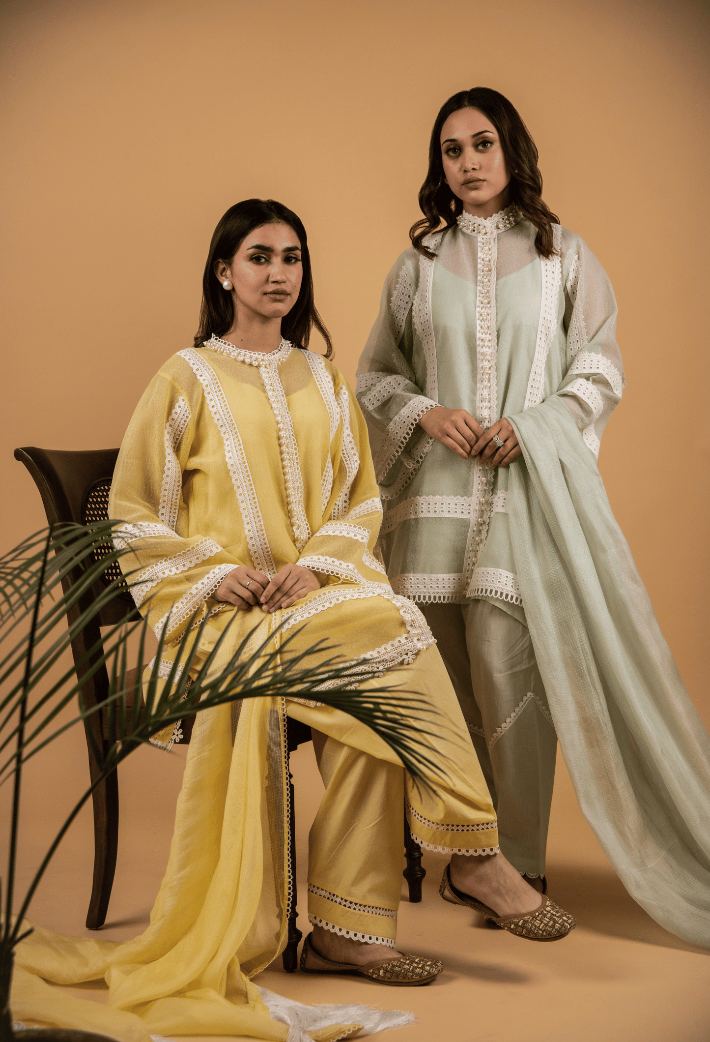 Cotton Net Pearl Jacket Suit - Yellow