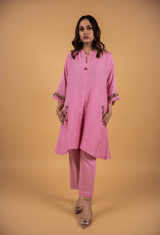 Hand Embroidered Linen Co-ord Set - Rose Pink