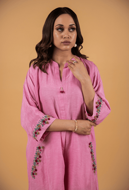 Hand Embroidered Linen Co-ord Set - Rose Pink