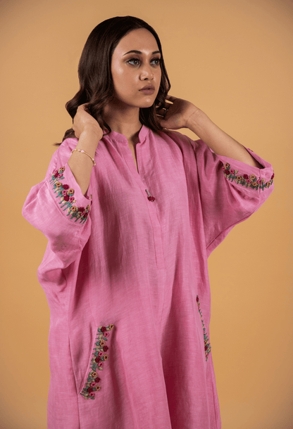 Hand Embroidered Linen Co-ord Set - Rose Pink