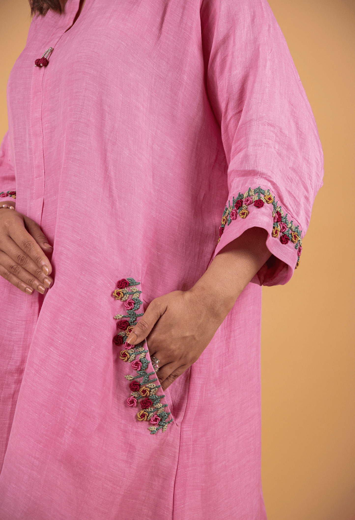 Hand Embroidered Linen Co-ord Set - Rose Pink