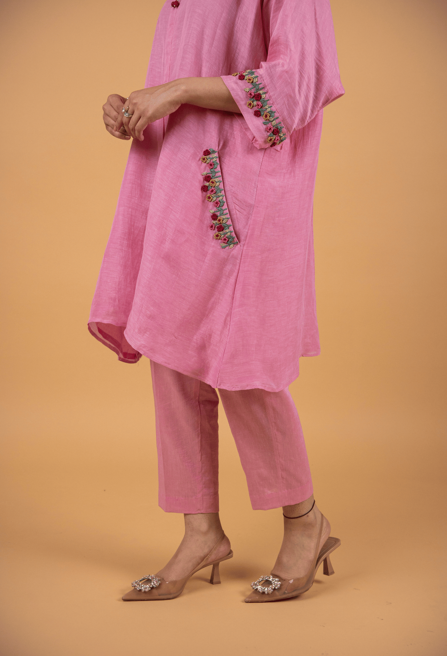 Hand Embroidered Linen Co-ord Set - Rose Pink