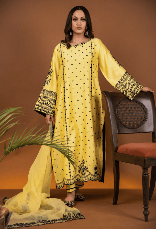 Dori Embroidered Chanderi Suit - Yellow