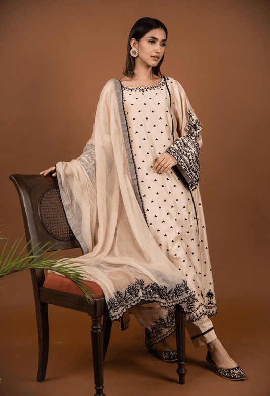 Dori Embroidered Chanderi Suit - Beige