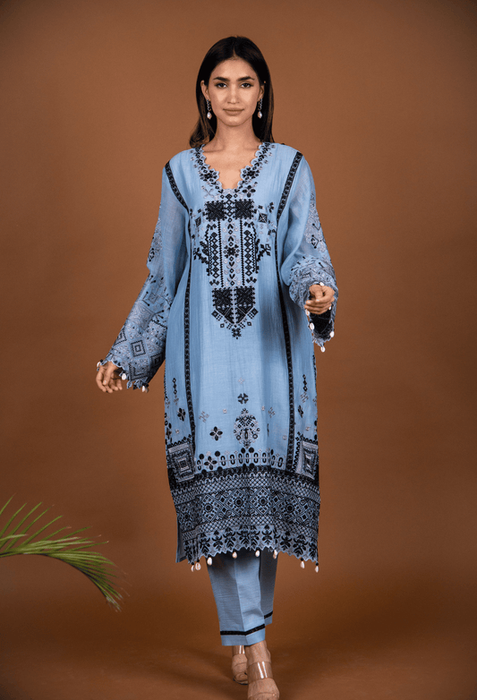 Cross Stitch Chanderi Kurta Set - Blue