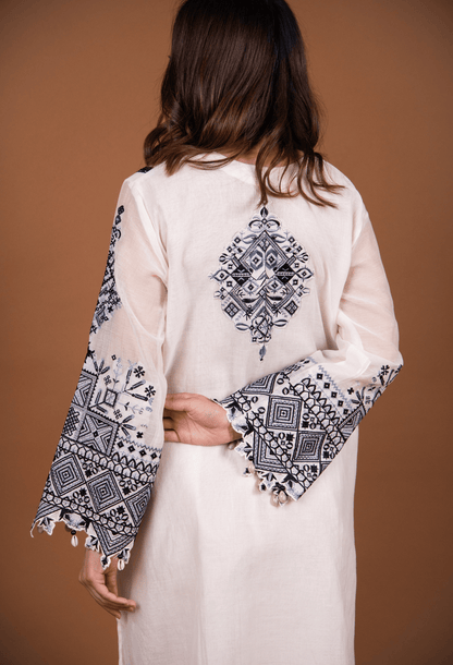 Cross Stitch Chanderi Kurta Set - Milky White