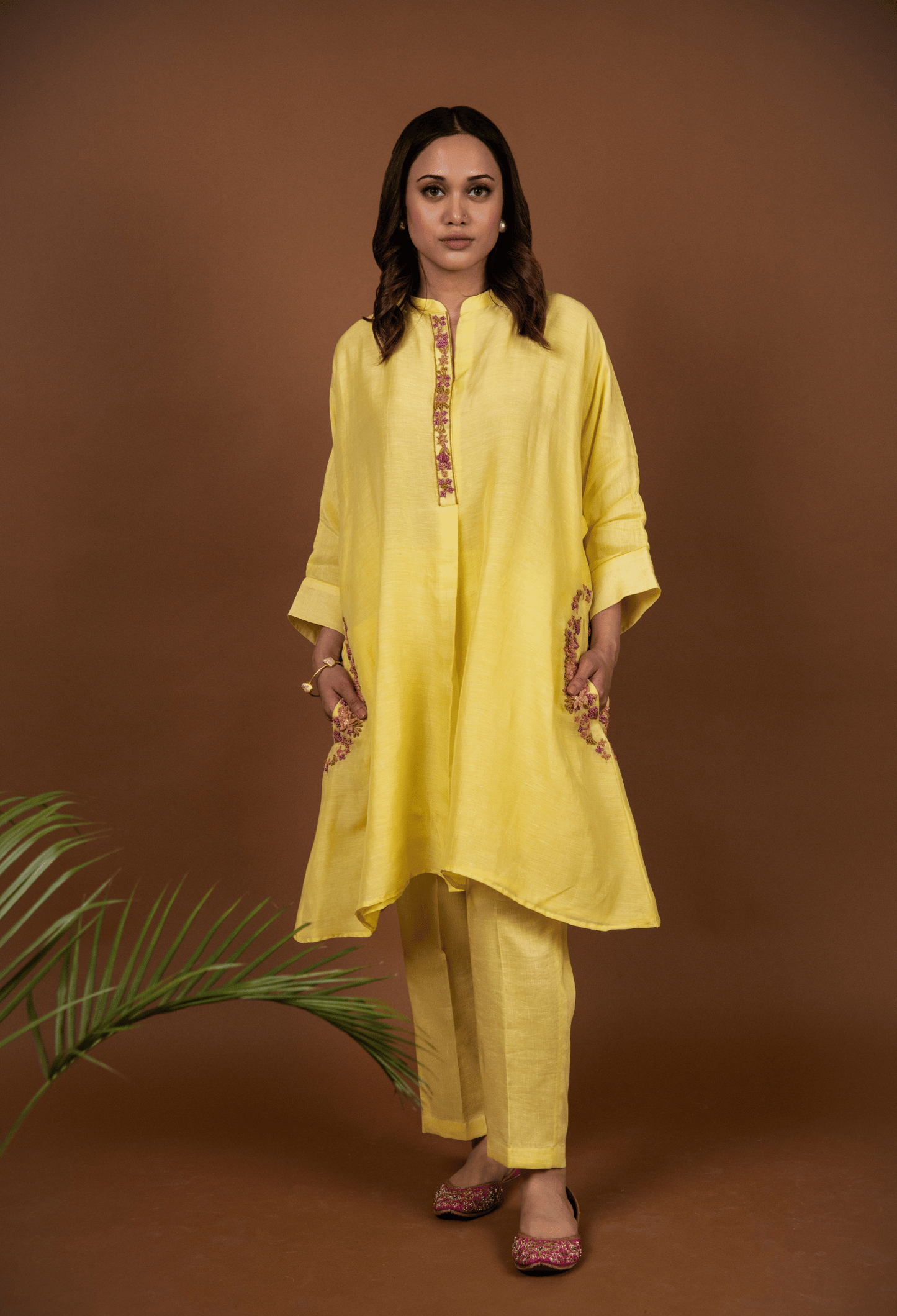 Hand Embroidered Linen Co-ord Set - Yellow