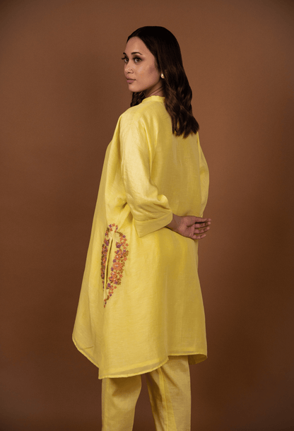 Hand Embroidered Linen Co-ord Set - Yellow