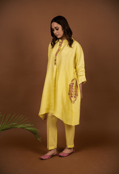 Hand Embroidered Linen Co-ord Set - Yellow