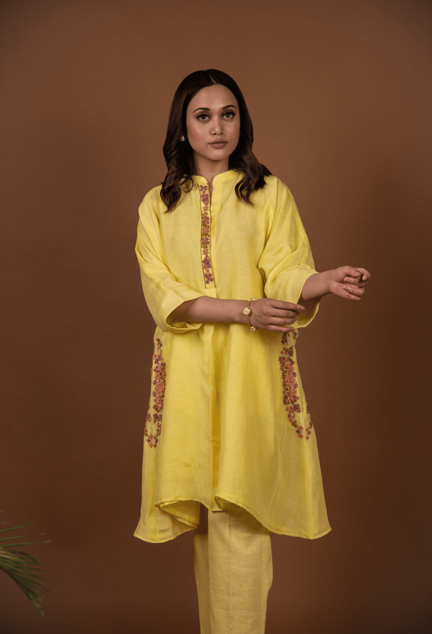 Hand Embroidered Linen Co-ord Set - Yellow