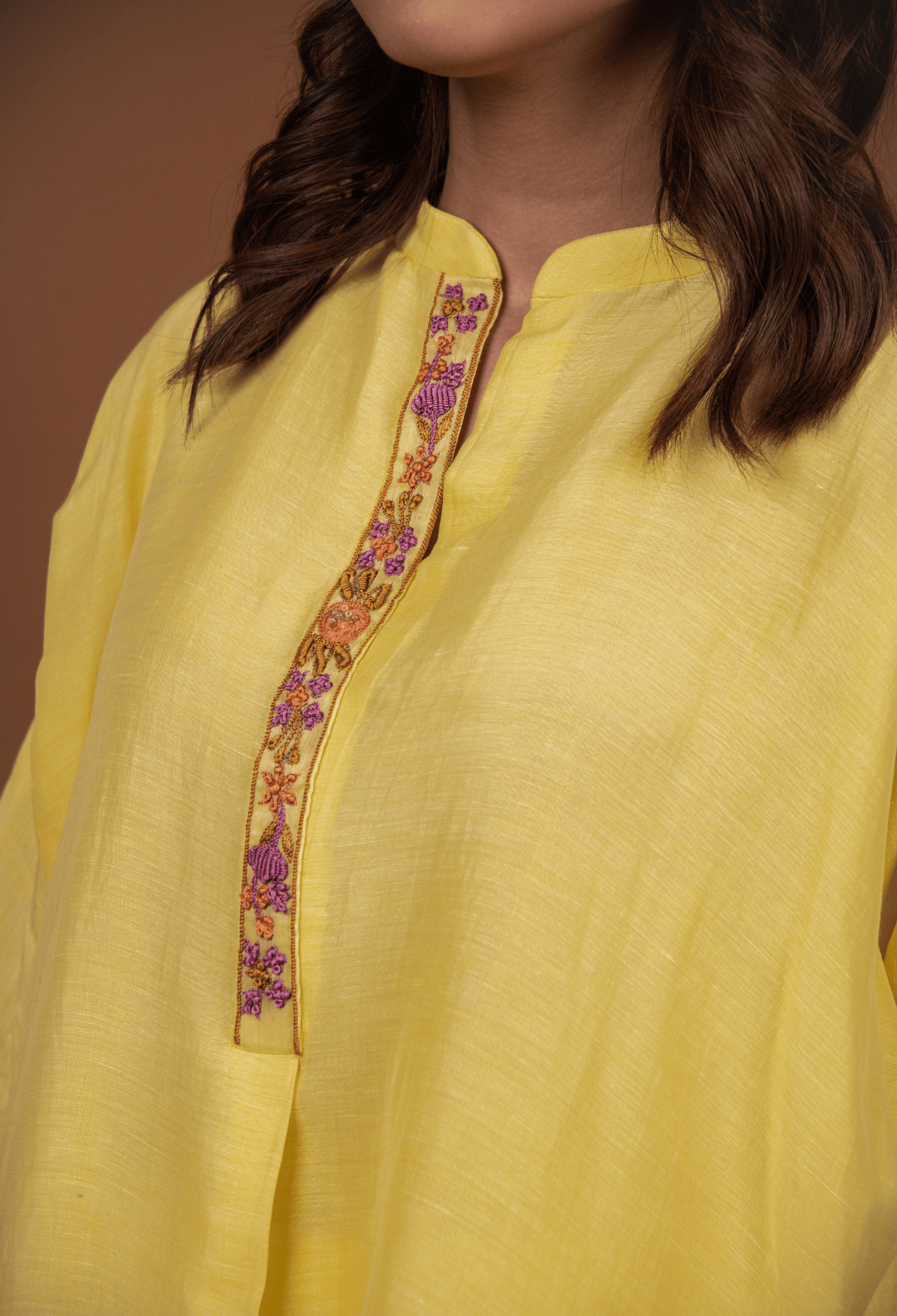 Hand Embroidered Linen Co-ord Set - Yellow