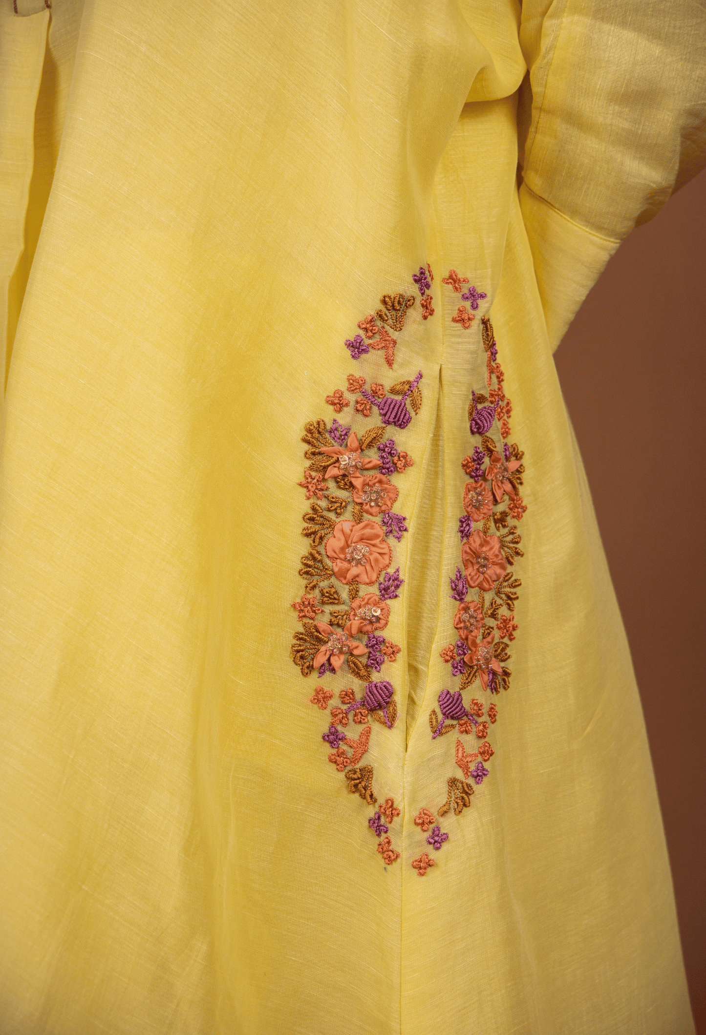 Hand Embroidered Linen Co-ord Set - Yellow