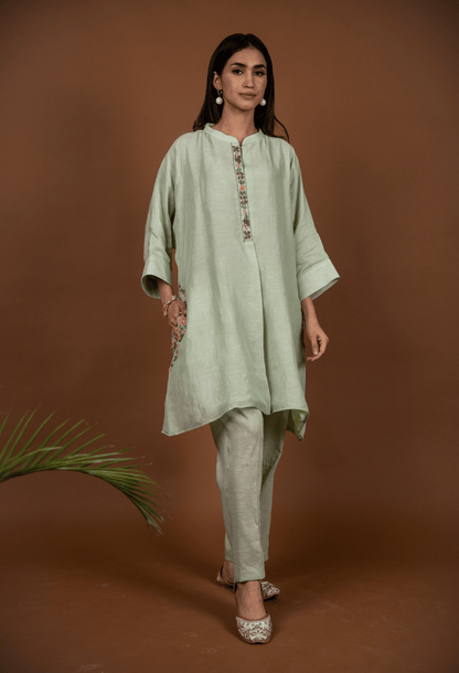 Hand Embroidered Linen Co-ord Set - Light Green