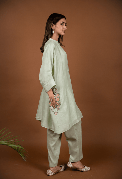 Hand Embroidered Linen Co-ord Set - Light Green