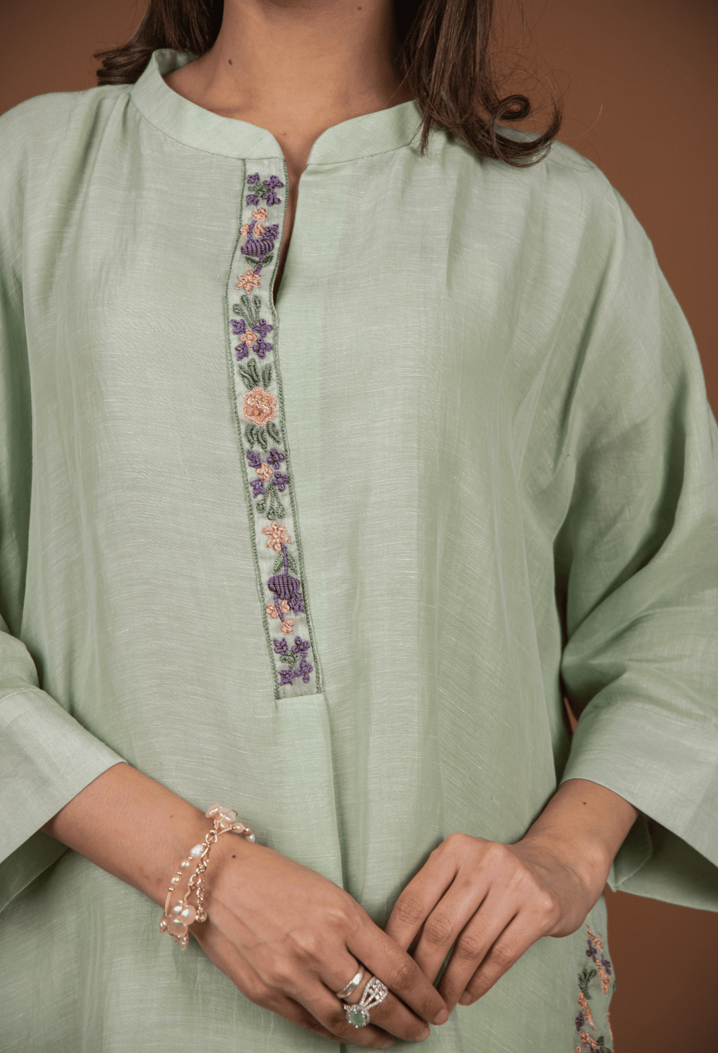 Hand Embroidered Linen Co-ord Set - Light Green