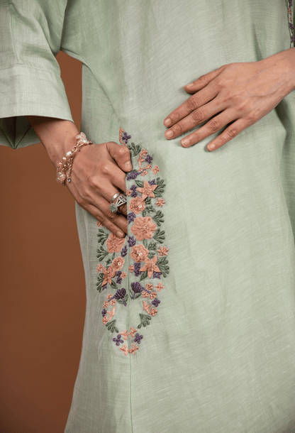 Hand Embroidered Linen Co-ord Set - Light Green