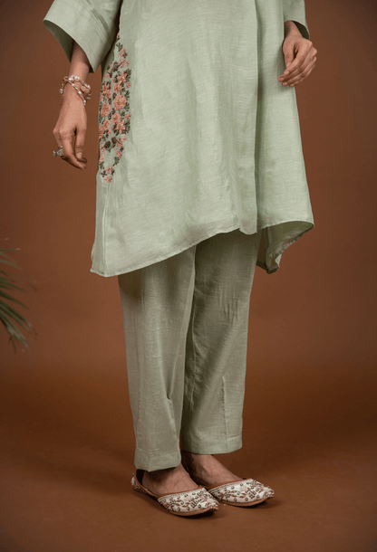 Hand Embroidered Linen Co-ord Set - Light Green