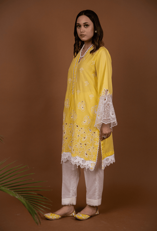 Chikankari Lawn Kurta Set - Yellow